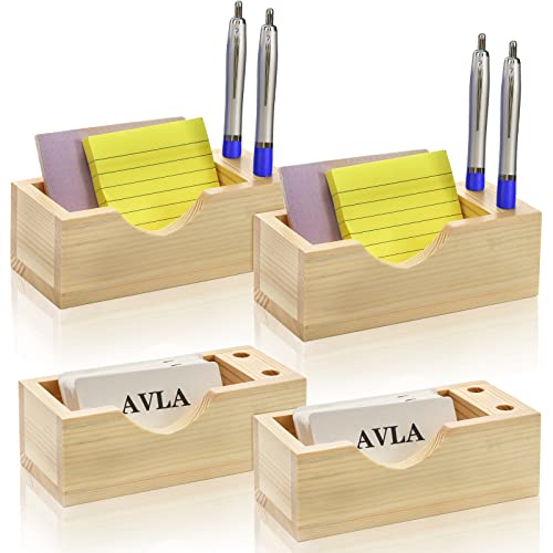 AVLA 4 Pack Business Card Holder, Desktop Wood Business Card Display Stand, Wooden Business Card Organizer With Pen Pencil Slots for Desk, Office, Tabletop, Counters Receptions, Home, School