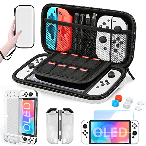 HEYSTOP Switch OLED Model Carrying Case, 9 in 1 Accessories Kit for 2021 Nintendo Switch OLED Model with Dockable Protective Case Cover, HD Switch OLED Screen Protector and Thumb Grip Caps (White)