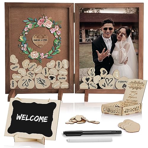 Guest Book for Wedding Alternative - Rustic Wedding Decorations for Reception Wooden Picture Frame Wedding Signs Guest Book with Pen 160pcs Wooden Hearts