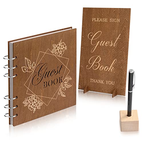 Creawoo Wooden Wedding Guest Book Reception Sign in Photo Album with Table Sign, Pen & Holder, Hardcover Memory Registry Guestbook with 90 White Pages for Baby Shower, Birthday, Bridal Shower, Wedding