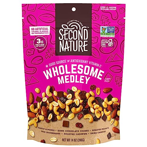 Second Nature Wholesome Medley Trail Mix - 14 oz Resealable Snack Pouches (Pack of 6), Certified Gluten-Free Snack - Dark Chocolate, Dried Fruit and Nut Trail Mix, Ideal for Travel Snacks