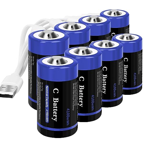 wowpower 8 Pack Rechargeable C Cell Batteries with USB-C Charging Cable, 1.5v Lithium LR14 C Size Battery for Flashlight