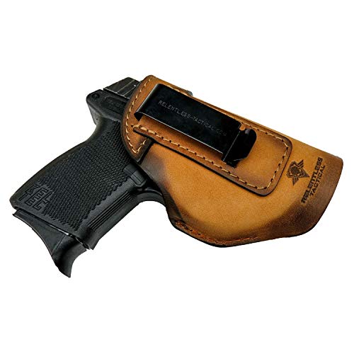 Relentless Tactical The Defender Leather IWB Holster - Made in USA - Fits Glock 42 | Sig P365 | Ruger LC9, LC9s | Kahr CM9, MK9, P9 | Springfield Hellcat and More - Charred Oak Right Handed