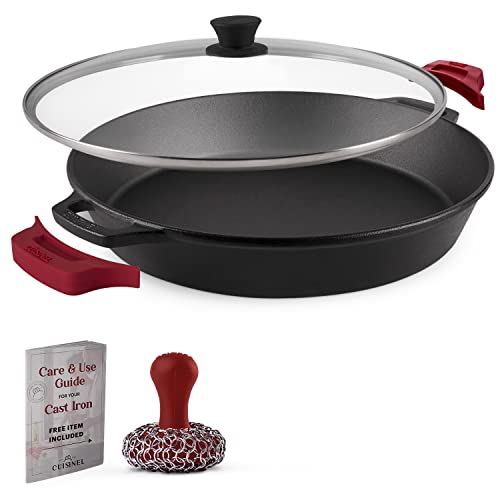 Cuisinel Cast Iron Skillet + Glass Lid + Chainmail Scrubber - 15"-Inch Dual Handle Braiser Frying Pan + Silicone Handle Covers - Pre-Seasoned Oven, Grill, Stovetop, Fire Cookware - Indoor/Outdoor Safe