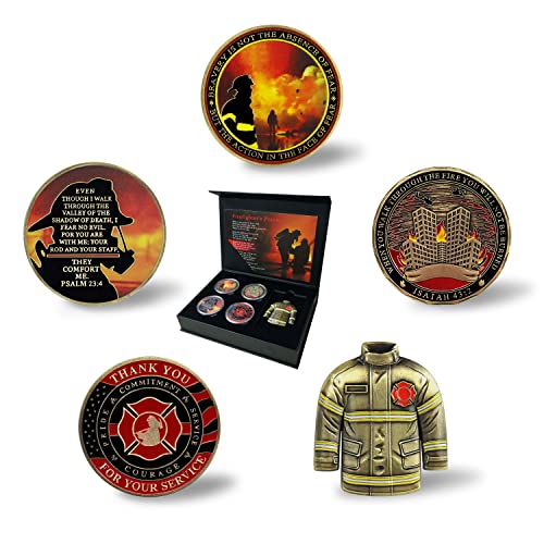 Firefighter Challenge Coin Thin Red Line Prayer Coin for Fire Department Unique Gift Box with 5 Coins