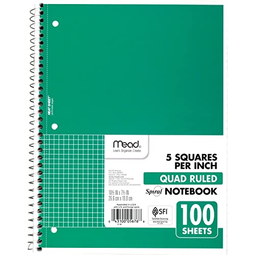 Mead Spiral Notebook, 1-Subject, Graph Ruled Paper, 7-1/2" x 10-1/2", 100 Sheets, Color Will Vary (05676)