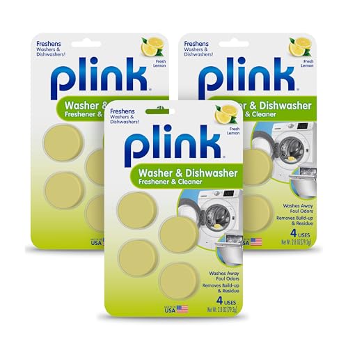 Plink Washer and Dishwasher Freshener and Cleaner, Prevents Residue, Removes Odors in Kitchen and Laundry Room Appliances, Septic-Friendly, Fresh Lemon Scent, 3 Packs of 4, 12 Tablets Total