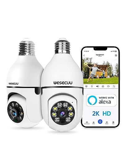 Light Bulb Security Camera, 2K Bulb Security Camera 2.4GHz,Security Cameras Wireless Outdoor with Automatic Human Detection,Motion Detection Alarm,Color Night Vision Bulb Camera Compatible with Alexa