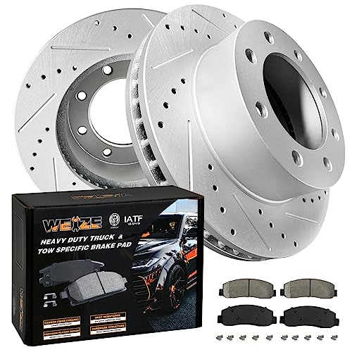 WEIZE Front Truck & Tow Brake Kit, Carbon Fiber Ceramic Brake Pads & Drilled/Slotted Brake Rotors, Fit for Ford F-250 2005-2012 F-350 F-450 Super Duty