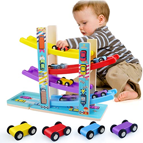 Montessori Toys for Toddlers, Children Race Track Toy with 4 Cars and 1 Wooden Parking Lot, Stable Base, Car Ramp Toy for 2 3 Year Old Boy Girl Gifts