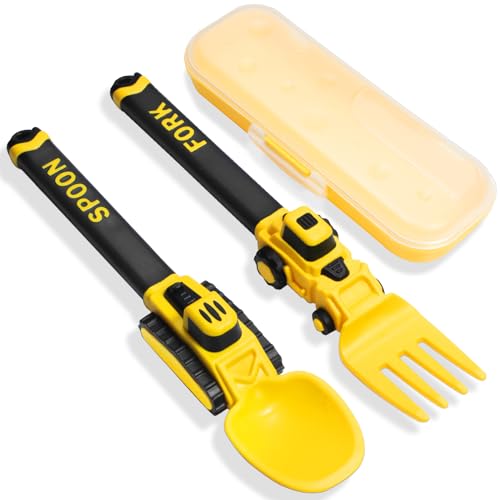 Construction Toddler Utensils - Reusable Plastic Toddler Fork and Spoon & Storage Case - Suitable for Kids Utensils - Dishwasher Safe - Portable Utensils Set for 1 2 3 4 5 year old Toddlers