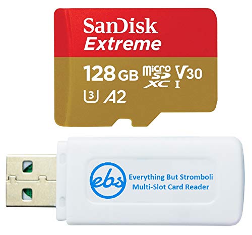 SanDisk 128GB SDXC Micro Extreme Memory Card and Works with Samsung Galaxy S10, S10+, S10e Phone Class 10 A2 (SDSQXA1-128G-GN6MN) Bundle with (1) Everything But Stromboli Card Reader