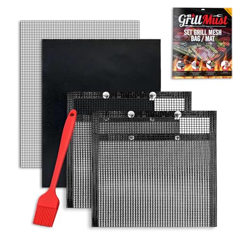 GrillMust Grill Mesh-Premium Set of 2 Large Grill Mesh Bags for Outdoor Grill 12 x 9.5 inch, Nonstick Grill Mat & Grill Mesh Mat 16 x 13 inch, Silicone Brush, Heat-Resistant and Reusable