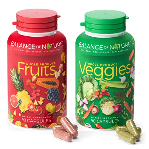 Balance of Nature Fruits and Veggies - Whole Food Supplement with Superfood Fruits and Vegetables for Women, Men, and Kids - 90 Fruit Capsules, 90 Veggie Capsules - 1 Set