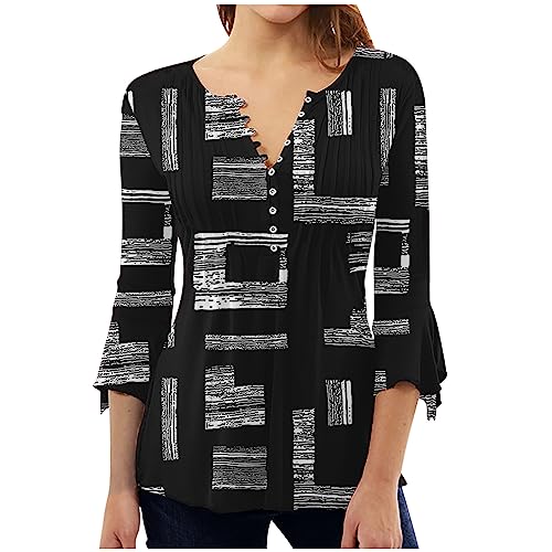 Tuianres Plus Size Summer Tops for Women, Cute Print Pleated Tunic Button Down Blouse Flared 3/4 Sleeve V Neck T-Shirts GiftCardBalanceonMyAccountAmazon