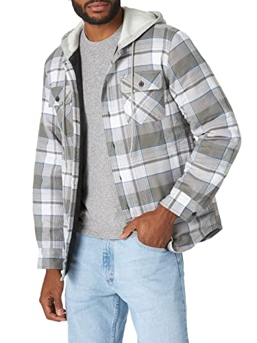 Wrangler Authentics Men's Long Sleeve Quilted Lined Flannel Shirt Jacket with Hood, Gray, Large
