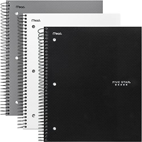 Five Star Rich Spiral Notebooks College Ruled with Moveable Tabbed Dividers - 1 Subject - 170 Sheets - 11" x 8-1/2" - Black, White, Gray - 3 Pack