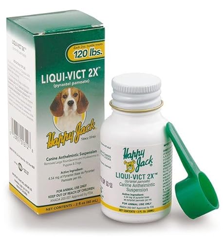 Happy Jack Liqui-Vict 2X Liquid Dog Dewormer for Large, Medium & Small Breeds (2 oz), Wormer Removes 2 Types of Roundworms & 2 Types of Hookworms, for Puppies to Seniors to Lactating Moms