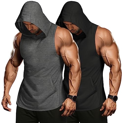 COOFANDY Men's Workout Hooded Tank Tops Bodybuilding Muscle Cut Off T Shirt Sleeveless Gym Lifting Hoodies 2 Pack