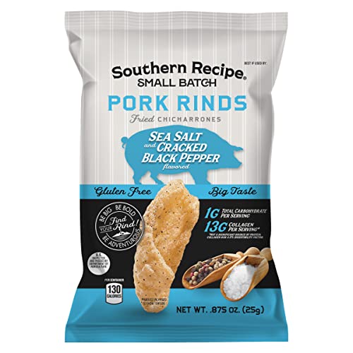 Southern Recipe Small Batch Pork Rinds | Sea Salt & Black Pepper Chicharrones | Keto Friendly & Low Carb | 0.87oz Snack Bag (Pack of 21)