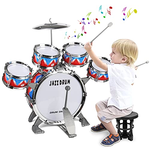 Kids Drum Set, Toddler Jazz Drum Kit for Toddler Toys 5 Drums with Stool Pedal Percussion Musical Instruments Drum Toy Birthday Early Education Xmas Gift Toys for 2 3 4 5 Year Old Girls Boys