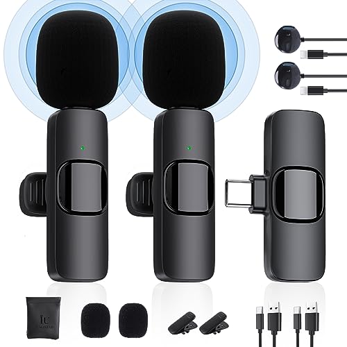 Wireless Lavalier Microphone for Type-C Port, IUMAKEVP Plug and Play Lapel Clip-on Mini Mic with Auto Sync and Noise Reduction for Video Recording, TikTok Live Steam, YouTube, Vlog, Interview (2 Mics)