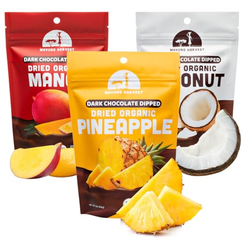 Mavuno Harvest Organic Chocolate Covered Fruit Variety Pack - Organic Dried Fruit Dipped in Dark Chocolate - Non GMO, Fair Trade & Vegan Chocolate Treats - Healthy Chocolate Snacks - 3 x 3 Ounces