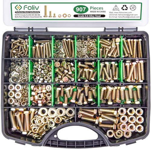 FOLIV 907pcs Grade 8.8 Metric Bolt Assortment, M4 M5 M6 M8 Heavy Duty Bolts and Nuts Kit, Yellow Zinc Plated, Length from 12-30mm