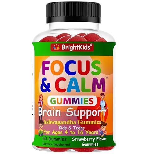 BrightKids Focus and Calm Gummies with Ashwagandha Extract, Naturally Support Concentration, Rest, Mood, Energy, Focus and Relaxation in Children, Tasty and Effective Daily Supplement- 60ct
