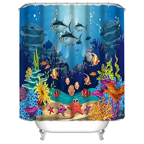 Sikaiqi Cartoon Tropical Fish Shower Curtain for Bathroom and Bathtubs, Blue Ocean Theme Waterproof Kids Bathroom Shower Curtain Thickening Washable Shower Curtain, 78" x 72" 12 An-rust Hooks Included