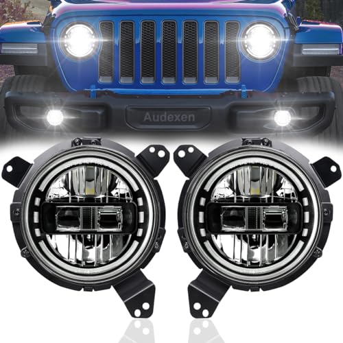 AUDEXEN JL Headlights = 7 Inch Headlights with JL Headlight Mounting Bracket Adapters Compatible with Jeep Wrangler JL JLU Sahara Rubicon Sport 2018-2021, DOT Approved, 2PCS, Black