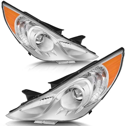 telpo Headlight assembly fit for 2011-2014 11 12 13 14 2011 2012 2013 2014 Hyundai Sonata Headlights Driver Side and Passenger Side (Chrome Housing Amber Reflector)