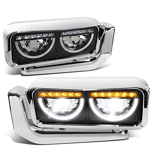 DNA MOTORING HL-HAY-034-BK Pair of LED U-Type Halo Ring Reflector Headlights Compatible with 81-88 Peterbilt 359/87-07 379/08-21 389,Chrome/Black