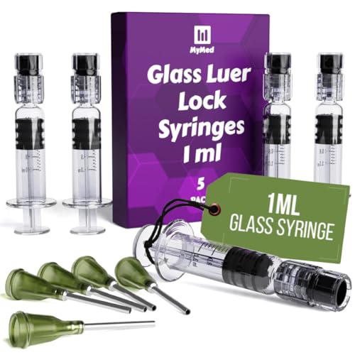 MyMed 5 Pack Borosilicate Glass Luer Lock Syringe 1ml Capacity Reusable Glass Syringes - Use for Arts and Crafts, Thick Liquids, Oils, Vet, Glue, Lab, Ink with GA Blunt Tip Pet Safe Needles
