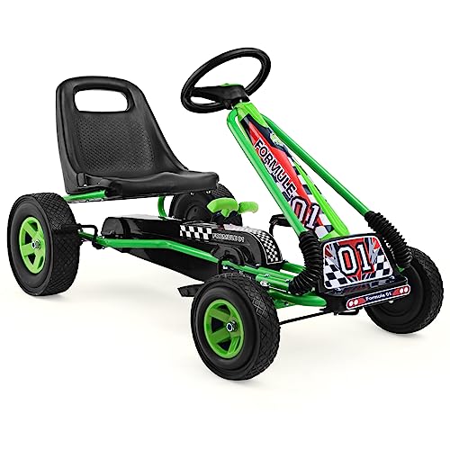HONEY JOY Kids Go Kart Quad with Adjustable Seat, Safety Brakes, EVA Tires - Green Outdoor Pedal Racer Ride On Car