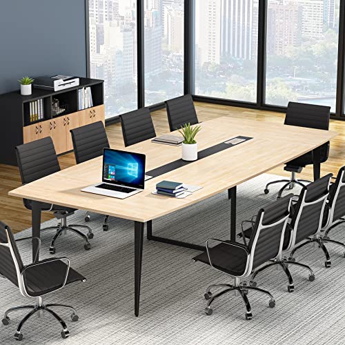 Tribesigns 8FT Conference Table, 94.48L x 47.21W x 29.52H Inches Boat Shaped Meeting Table with Rectangle Grommet, Modern Seminar Boardroom Table for Office Conference Room (Light Wood Grain, 8ft)