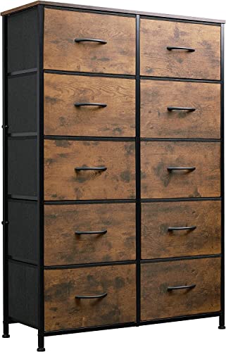 WLIVE Tall Dresser for Bedroom with 10 Drawers, Chest of Drawers, Fabric Dresser for Closets, Storage Organizer Unit with Fabric Bins, Steel Frame, Wood Top, Rustic Brown Wood Grain Print