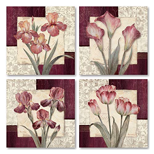 Trio Sonata I - Classic, Vintage Burgundy and Pink Flowers; Floral Decor; Four 12X12 Poster PRints