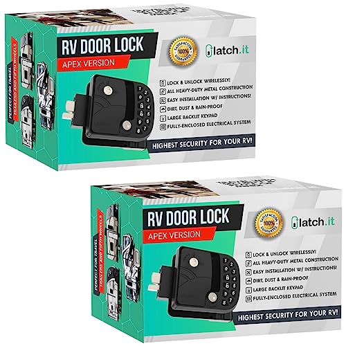 LATCH.IT 2 Keyed Alike RV Door Locks | 2023 Apex Edition | 10 Digit Keyless RV Camper Lock | RV Digital Door Lock w/ 2 Fobs | Sealed Electricals Unlike Competition! | Only Fits 2.75" x 3.75" Lock Hole