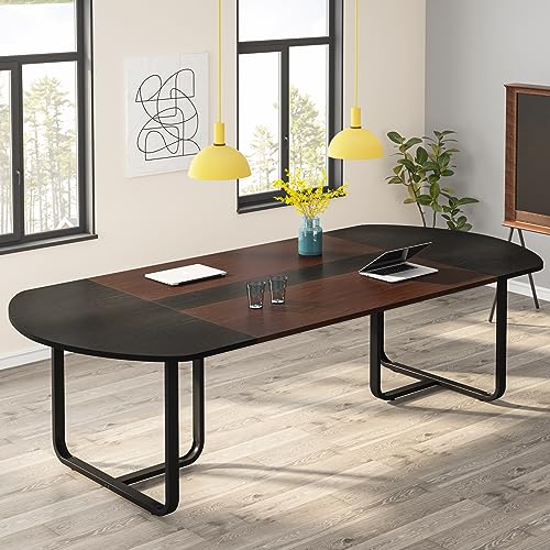 Tribesigns 70.86 Inches 6FT Oval Conference Table, Walnut and Black Finish Curved Meeting Tables for Office, Large Business Training Seminar Table