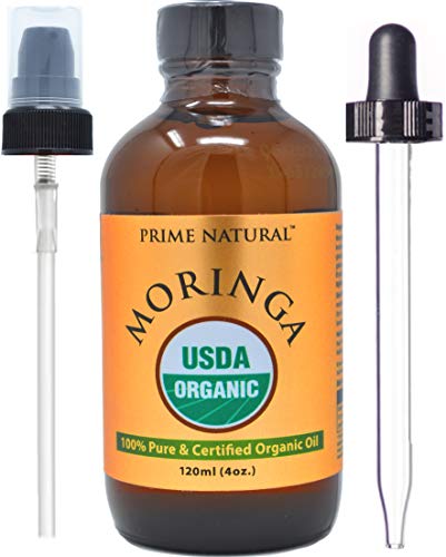 PRIME NATURAL Organic Moringa Oil USDA Certified, 100% Pure, Cold Pressed, Virgin, Unrefined Oil (4oz /120ml) - Joints, Skin, Face, Body & Hair - Vegan - Food Grade - Natural Moisturizer