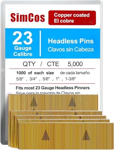 SimCos 23 Gauge Pinner Nails (5/8",3/4",5/6",1",1-3/8") assorted 5 sizes' Headless Pin Nails for 23 GA Pneumatic or Electric Pinner or pin gun,Project Pack (5000)