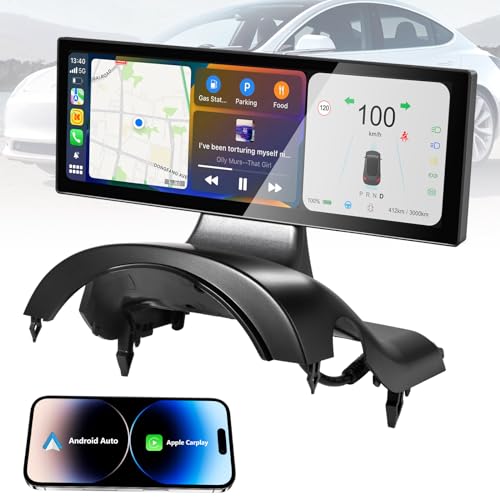 CarThree 8 Inch Head Up Display for Tesla Model 3 2017-2023 Model Y 2019-2023 with Wireless Apple Carplay & Wireless Android Auto Bluetooth WiFi Navigation Power Speed IPS HD Touchscreen