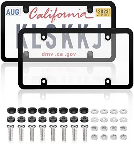 KLSKKJ License Plate Protector, 2 Pack Clear License Plate Covers Frame Shield Combo Unbreakable Black License Plate Holder Fits Any Standard US Plates with Screws