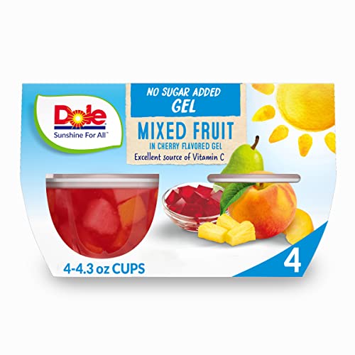 Dole Fruit Bowls Mixed Fruit in Sugar Free Cherry Flavored Gel Snacks, Pineapple, Peaches, Pears, 4.3oz 4 Total Cups, Gluten & Dairy Free, Bulk Lunch Snacks for Kids & Adults