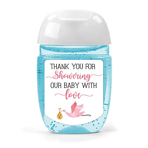 Hand Sanitizer Labels Thank You for Showering Our Little One with Love Stickers, Baby Shower Favor Stickers, Baby Shower Party Favors for Girl., Pink, 1.26'' x 1.39''