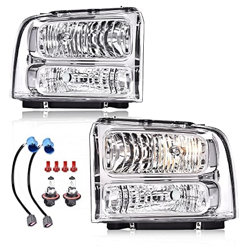 GRAND ORANGE Headlights Assembly Compatible with 1999-2004 Ford F250 F350 F450 F550 Super Duty/Fit 2000-2004 Ford Excursion Driver & Passenger Side Clear Lens Chrome Housing 1C3Z13008BA