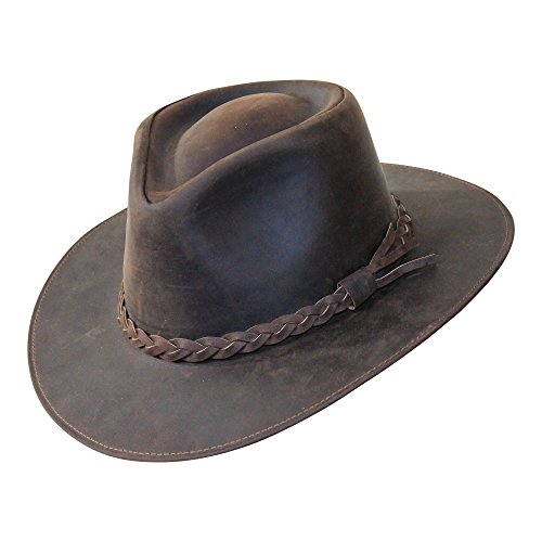 B&S Premium Leather Fedora - Wide Brim Hat Leather - Water Resistant - Dark Brown (Size 60)