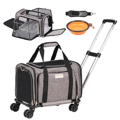 VEVOR Airline Approved PetCarrier with Wheels,Rolling CatDog Carrier,PetTravel Carrier on Wheels with Upgraded Wheels and Telescopic Handle,Expandable Carrier for under 25lbs-Grey,17.5"Lx11.2"Wx11.4"H