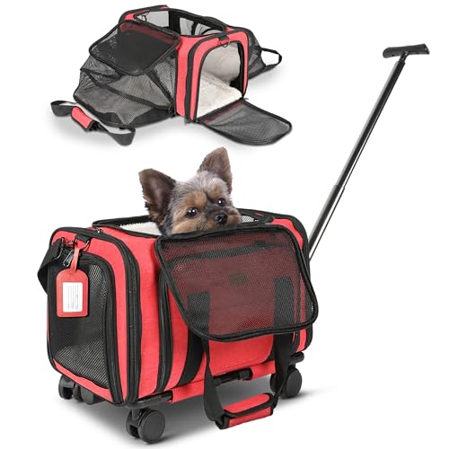 Pet Carrier with Wheels - Airline Approved - Dogs/Cats Expandable & Extra Spacious - Ideal Pets Carrier with Wheels - Soft-Lined Travel Carrier - Red